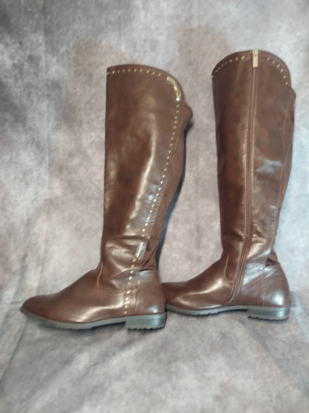 Ashley Stewart Boots 9W Brown Leather Suede Gold Studded Leopard Tall Wide Calf